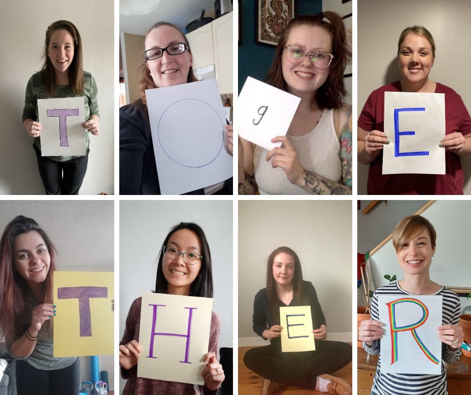 Collage of 8 early childhood educators each holding letters to spell out "together"