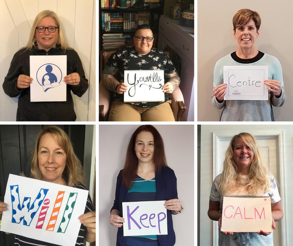 Collage of 6 staff holding signs to say Youville Centre will keep calm