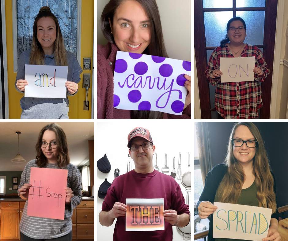 Collage of 6 staff holding signs to say "and carry on #stopthespread"