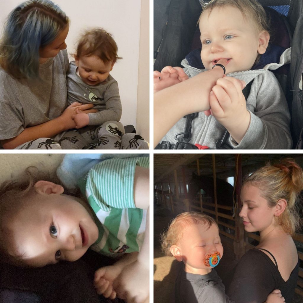 A collage of photos of a young mother with her male toddler