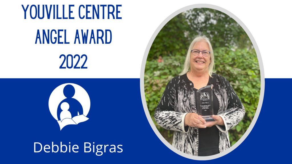 Graphic with a photo of a woman holding a glass award