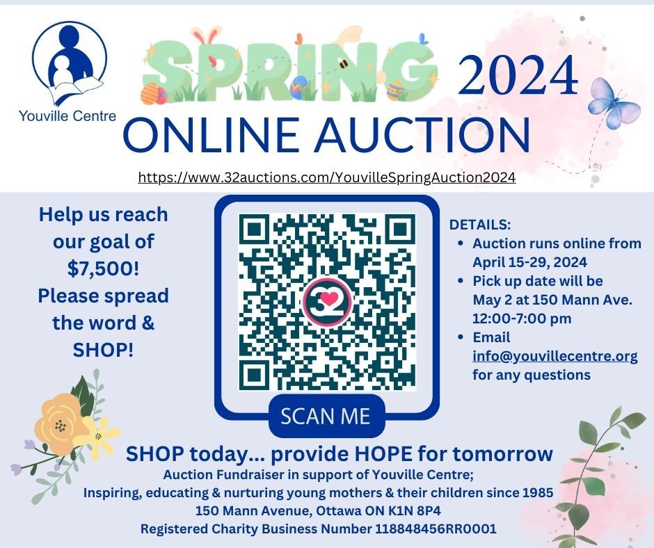 Graphic of Youville's 2024 Spring Online Auction with QR Code